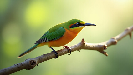 Obraz premium A small bird is perched on a branch. The bird has green feathers, orange chest and a black stripe across its eyes