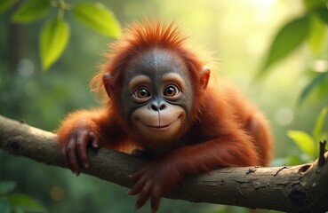 Fototapeta premium Smiling young orangutan sits on tree branch in forest. Cute ape looks camera, playful mood. Primate enjoys, green nature, environment. Orange fur, happy face, joy. AI generated art, illustration.