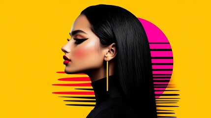Elegant woman with bold makeup poses in profile against a vibrant yellow backdrop featuring graphic sunset elements.