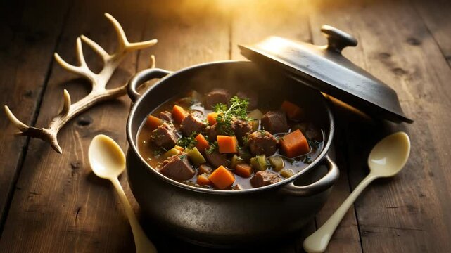 Mouthwatering pot of wild venison goulash presented on a wooden table with deer antlers and cutlery, overhead view