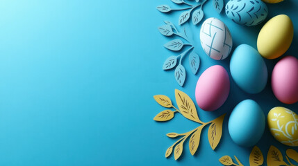 Top view photo of easter bunny ears white pink blue and yellow eggs on isolated pastel blue background with copyspace in the middle