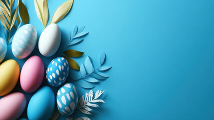 View of easter bunny ears white pink blue and yellow eggs on isolated pastel blue background