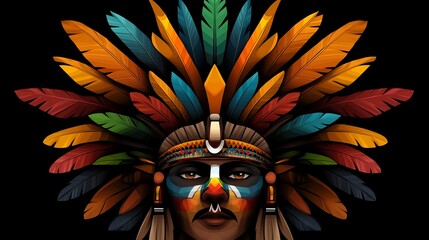 Native American man with colorful face paint and feathered headdress is showcased against a dark background.
