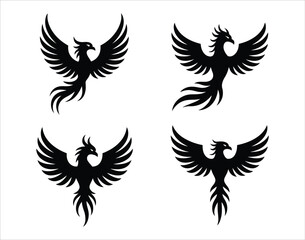 Naklejka premium Flaming Phoenix Vector Tattoo Art Black Silhouettes of Legendary Firebird with Wings and Tail Flame