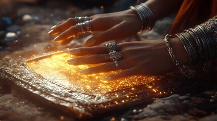 Above a metallic circle etched with a radiant, magical insignia, a pair of hands adorned with embellishments hover, surrounded by swirling, golden sparks that embody dynamic energy, all set against a