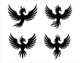 Obraz premium Black Phoenix Tattoo Vector Set 4 Tribal Silhouette Designs of Mythical Firebird in Clean Bold Style