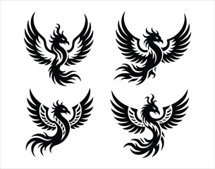 Naklejka premium Detailed Phoenix Tattoo Set, Vector Silhouettes of Fire Bird in Tribal and Abstract Styles