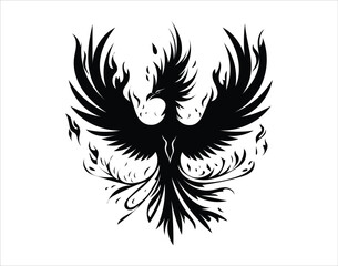 Naklejka premium Minimalist Phoenix Silhouette Tattoo Pack Bold Black Vector Art of Legendary Rebirth Bird, white background