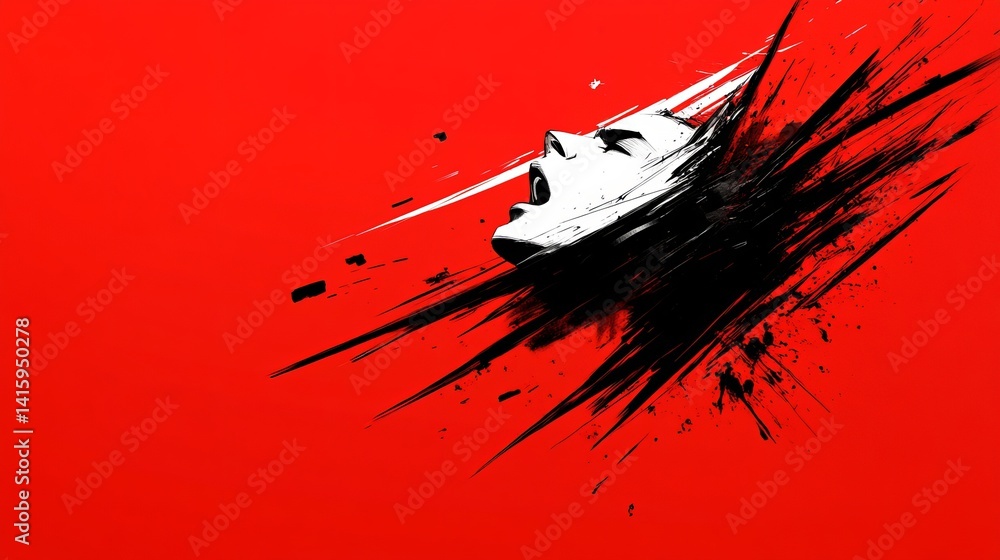 Poster screaming face graphic art is depicted with black brushstrokes against red background showing dynami