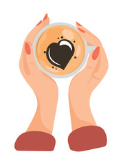 Female hands holding a cup of coffee with foam. Top view. Flat vector, clipart illustration isolated on white background.