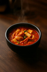 Korean kimchi jjigae stew served hot in traditional black bowl on wooden table
