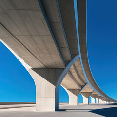 Obraz premium A modern concrete bridge against a blue sky with clouds. Architecture, engineering and infrastructure in a minimalist and clean style, a symbol of progress and development.