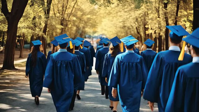 Graduation ceremony in a beautiful park setting with students in blue caps and gowns celebrating their achievements