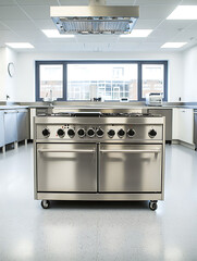 A stainless steel commercial kitchen range with multiple burners and ovens centered in a bright modern kitchen.