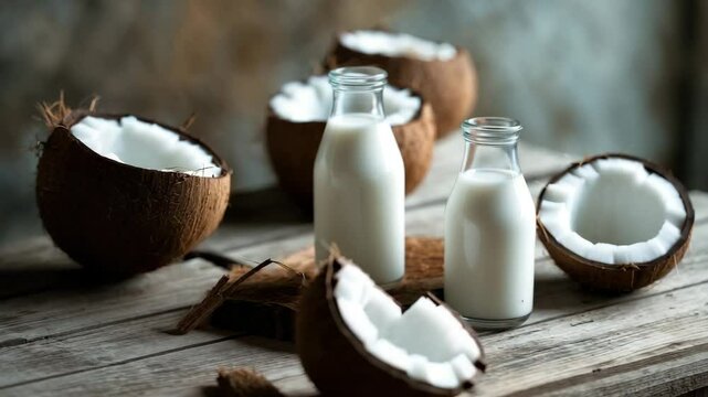 Bottled coconut kefir on a wooden surface. Vegan, non-dairy nutritious beverage. Concept of healthy eating.