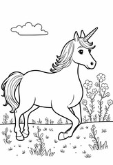 Fototapeta premium Unicorn in a Flower Field - Coloring Book Page with Clouds and Grass