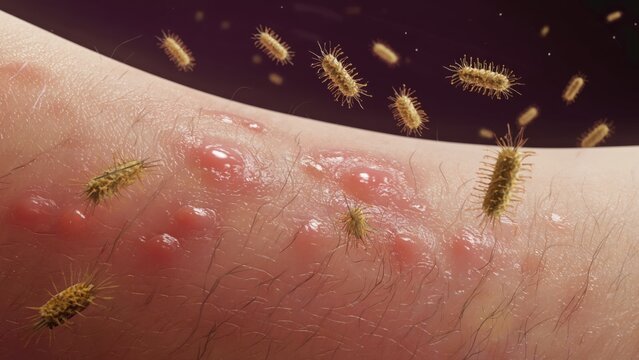 A close-up photograph of skin with an infectious condition such as acne or staph infection, characterized by red pustules and possibly white blood cells indicating inflammation.