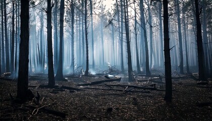 Fototapeta premium Charred tree landscape after a forest fire