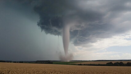 Obraz premium Dangerous tornado over farm field, with dark clouds and stormy skies.