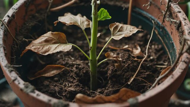 Close-up Perspective of a Wilting Plant in a Pot