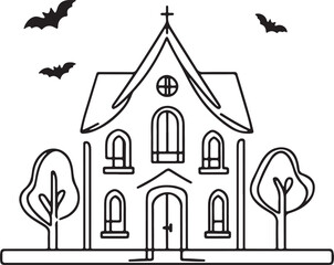 Creepy Haunted House Minimalist Line Sketch
