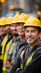 Construction workers standing in a row, smiling