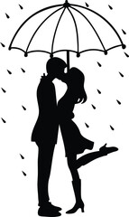 Romantic Couple Kissing Under an Umbrella Surrounded by Falling Heart Shapes