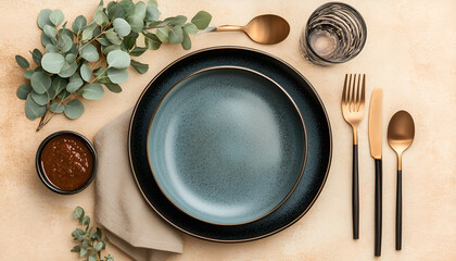 Stylish plates, cutlery, napkins, sauce, glass and eucalyptus branches on beige textured table, top view