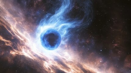 Obraz premium Abstract bright energetic glowing orb with plasma particles on dark background. Futuristic magical dynamic fractal flowing Blue fire.Black hole in space