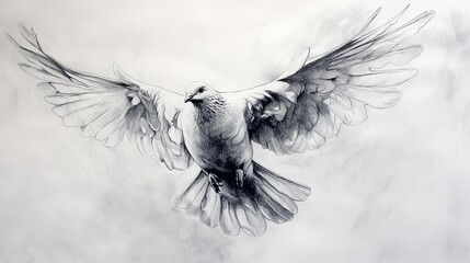 Flying Dove in Clouds. One Continuous Line. Pigeon Bird Symbol of Peace and Freedom, Pentecost. Simple Linear Drawing. Vector Illustration. Hand Drawn Line Art