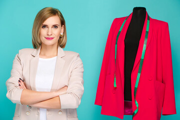 confident woman next to mannequin with measuring tape showcasing fashion design and tailoring....