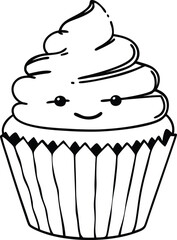 Cute Smiling Cupcake With Whipped Cream Design in Black and White Art

