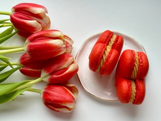 Red macarons on the white plate and fresh red tulips