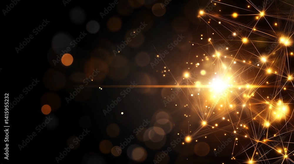 Poster abstract network of glowing light points creates connected web on dark background.