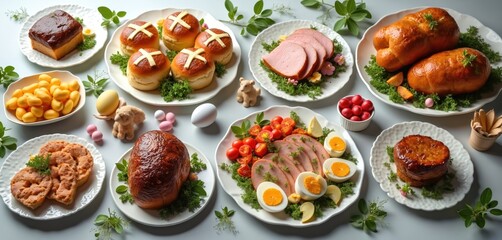 Fototapeta premium Traditional Easter holiday table setting with various dishes. Easter dinner includes ham, eggs, hot cross buns, cake, roasted meat, tomatoes, bread rolls. Festive food for holiday celebration.