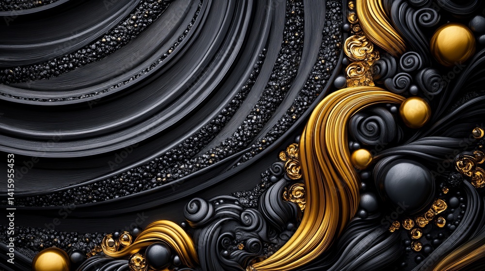 Poster abstract rendering presents swirling black and gold textured shapes with spherical elements, creatin