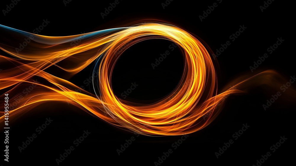 Poster abstract ring glows with radiating light streams against a stark black backdrop, creating an etherea