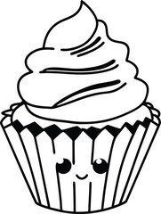 Cute Smiling Cupcake With Whipped Cream Design in Black and White Art

