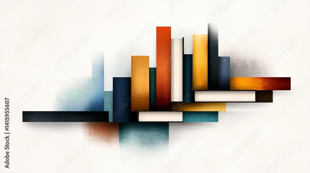 Poster abstract stacked rectangles display colorful gradients against a textured white background, resembli
