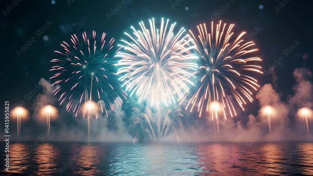 Poster abstract fireworks display against festive bokeh light backdrop