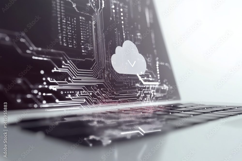 Poster a close-up of an open laptop with digital clouds and circuits overlaying the screen, symbolizing clo