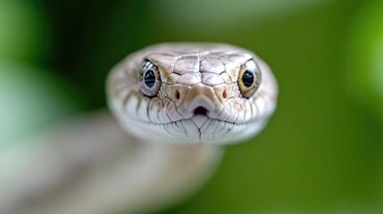 Fototapeta premium Close-up of a snake's head. A detailed view of a snake's head, focusing on its eyes, scales, and snout. The snake is in sharp focus, against a blurred background of green foliage