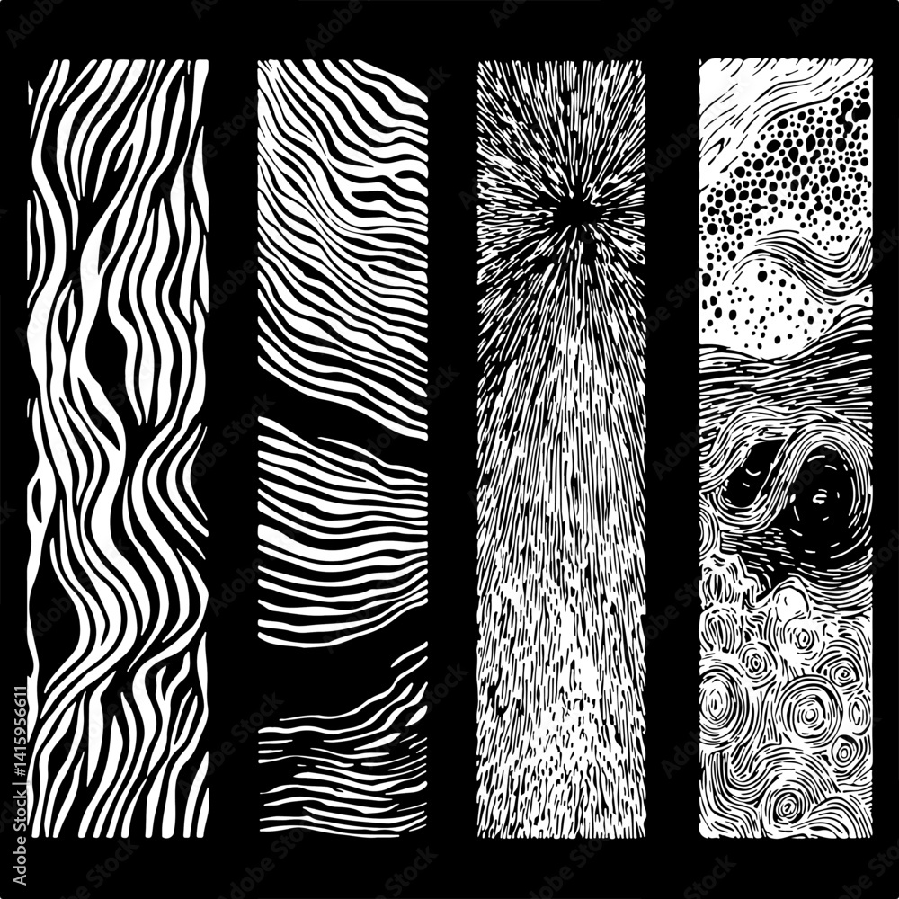 Poster Set of four abstract black and white vector patterns, each with unique line and dot textures. Artistic, wavy, and dynamic, ideal for backgrounds or modern graphic design.