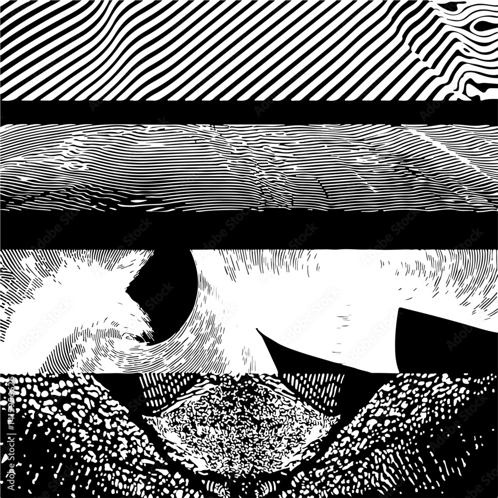 Poster Set of four abstract black and white vector patterns, each with unique line and dot textures. Artistic, wavy, and dynamic, ideal for backgrounds or modern graphic design.