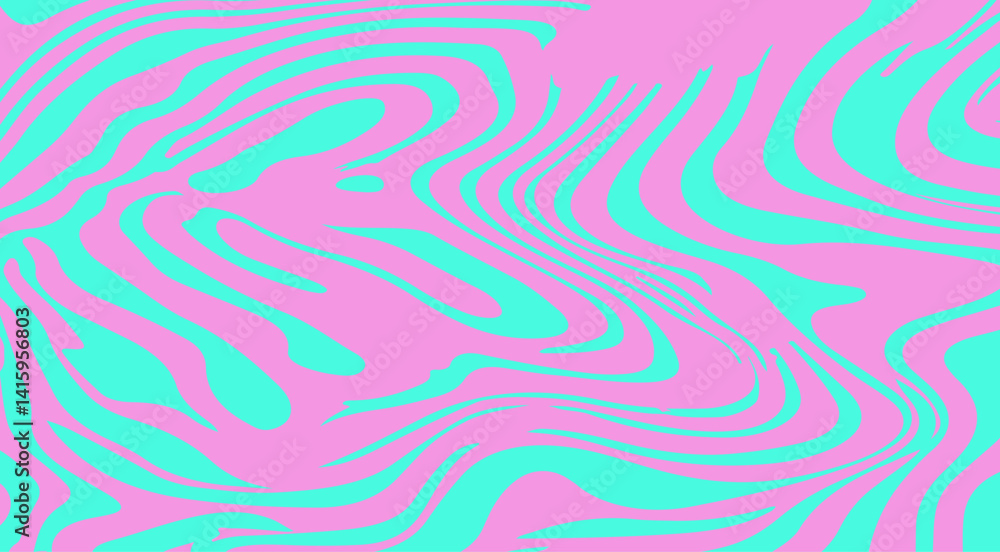 Poster abstract vector illustration featuring turquoise wavy zebra-like lines on a pink background, creatin
