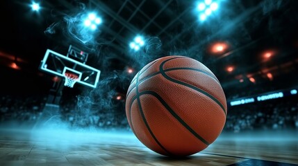 Basketball on the color smoke background. Basketball banner background. Basketball background. Abstract dark basketball background with copy space.