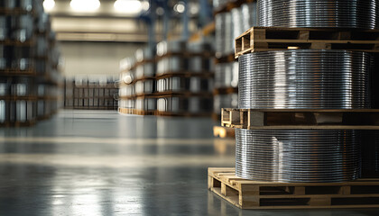 precision stainless steel coils stacked horizontally on wooden pallets, very thin coils separated with a pieace of wood, stored in a clean and spacious industrial warehouse