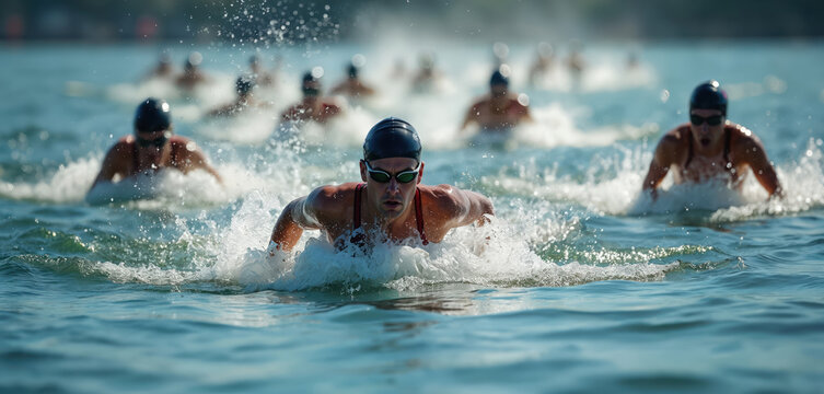 Triathlon athletes swim in open water, race start. Swimmers compete, splashing in sea, showing speed. Men, women in action at competition event. Sportsman wearing swimming caps and goggles swim fast.