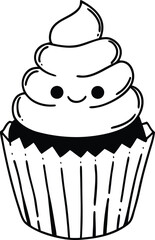 Cute Smiling Cupcake With Whipped Cream Design in Black and White Art

