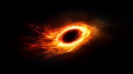 Black hole glows with orange and yellow energy streams on a dark background, resembling fire.